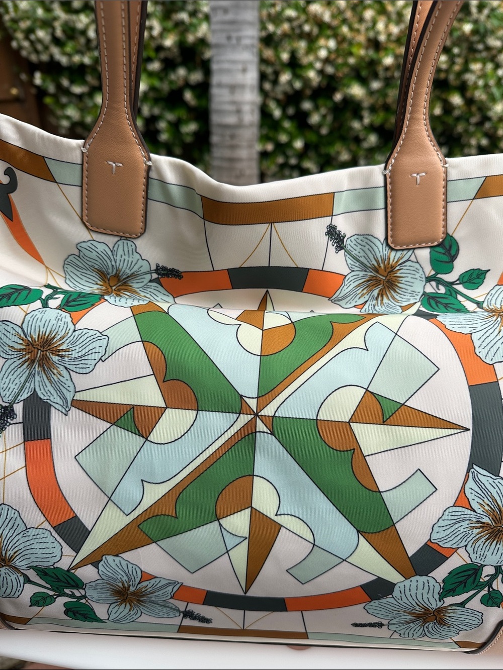Tory Burch Floral Geometric Canvas Tote in Cream, Green, Orange and Tan